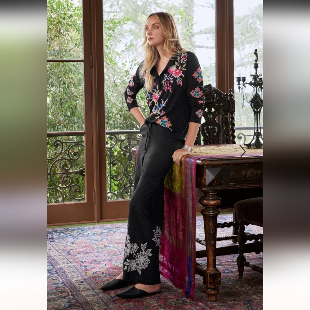 Johnny Was Addison Embroidered Wide-Leg Linen Pants. MSRP $248. Size M - Picture 5 of 12